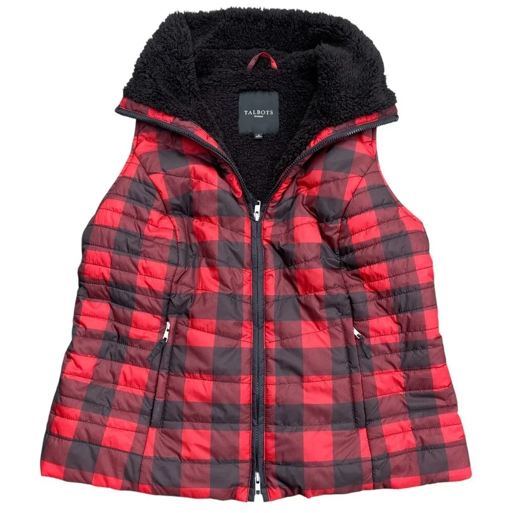 Talbots Quilted Sherpa Lined Buffalo Plaid Vest Country Cabin Outdoor HIking-X - Picture 1 of 16